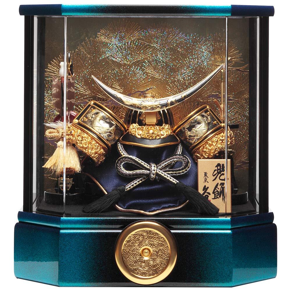 上杉謙信東京久月五月人形兜飾り木目六角パノラマクリルケース入