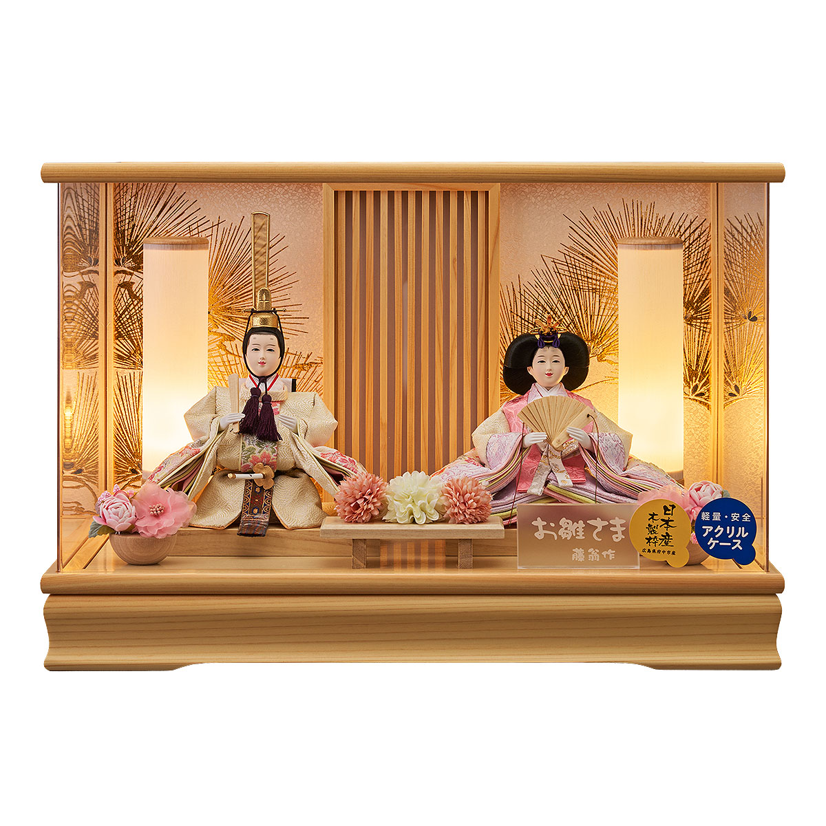 雛人形 ケース飾り まひろ 小三五親王飾り 白木 木目 桧 格子 アクリル