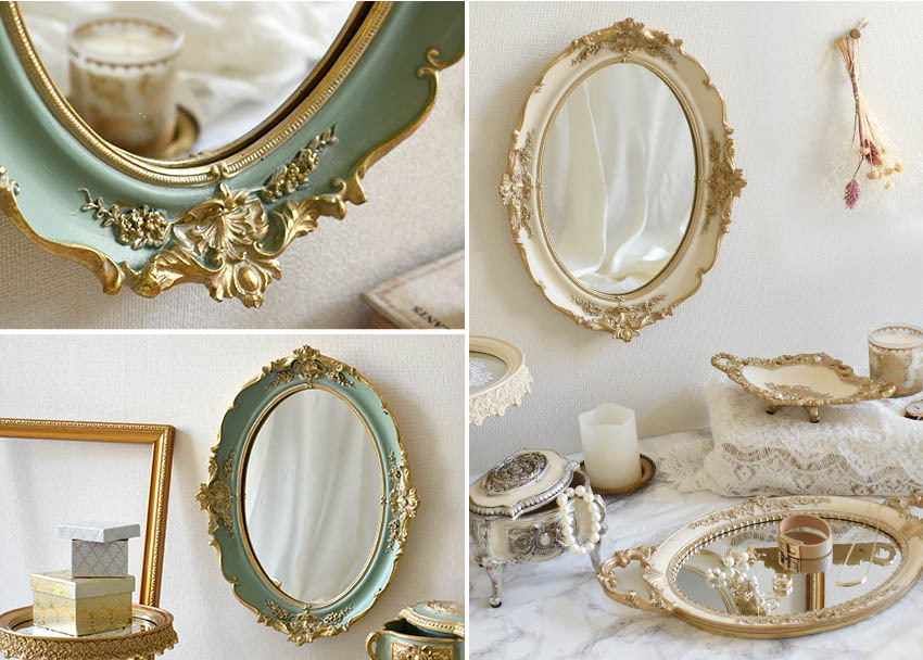 アンティークデコ 壁掛けミラー ウォールミラー 丸形 オーバル 鏡