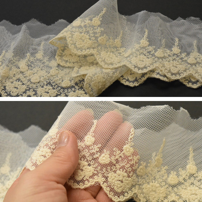 メンチュールレース 豪華なバラ柄のレース 綿チュールレース 約7.7cm幅