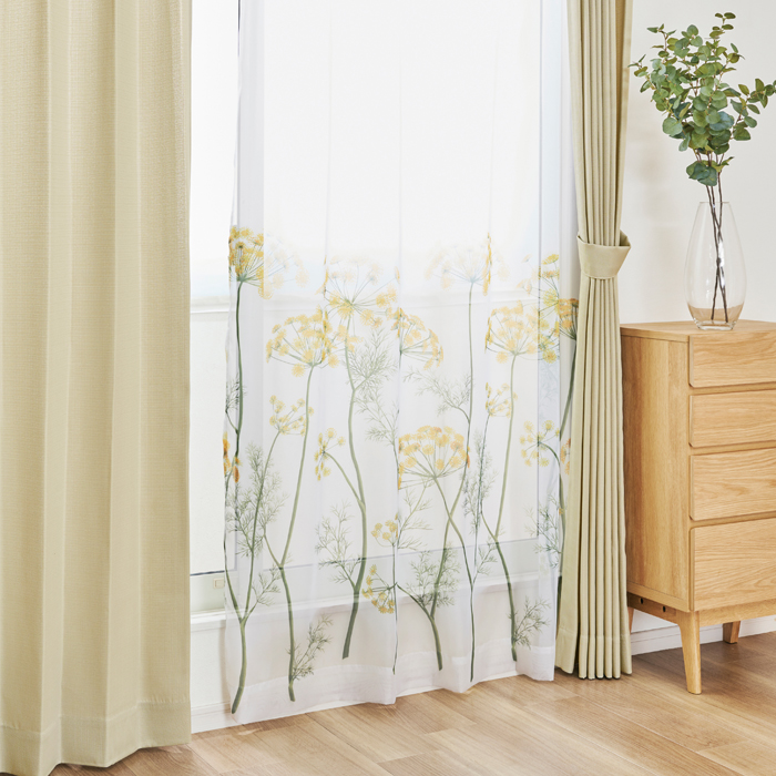 4枚セット カーテン/無地/リーフ柄レースカーテン/オーナメント柄