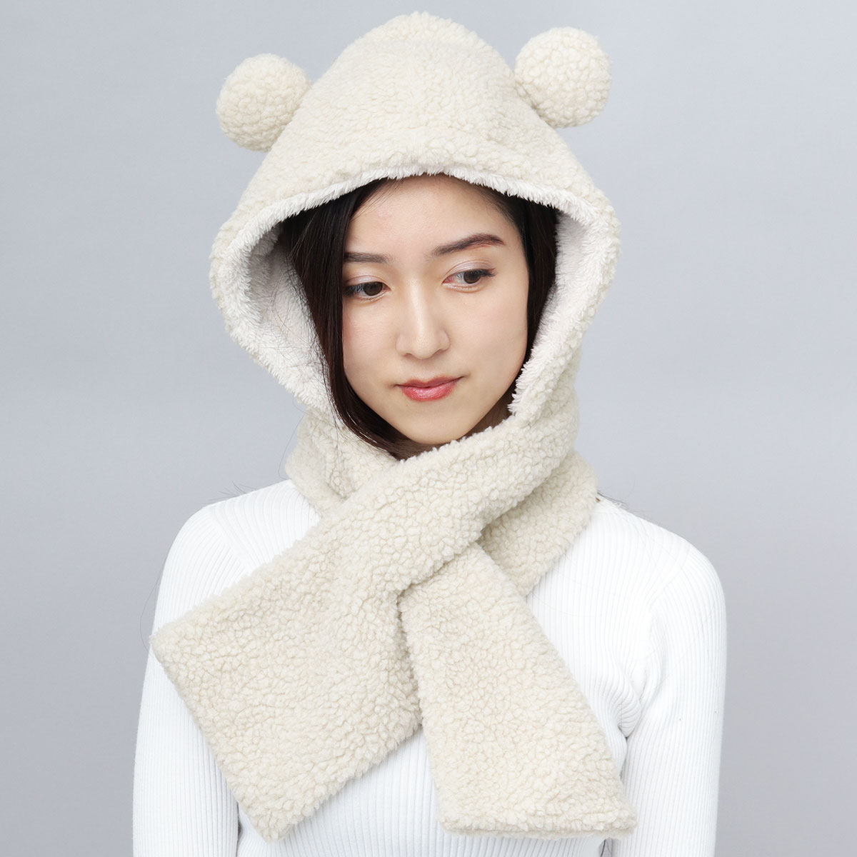 A.M.S. フードマフラー 耳付き マフラー レディース ボア 差し込み