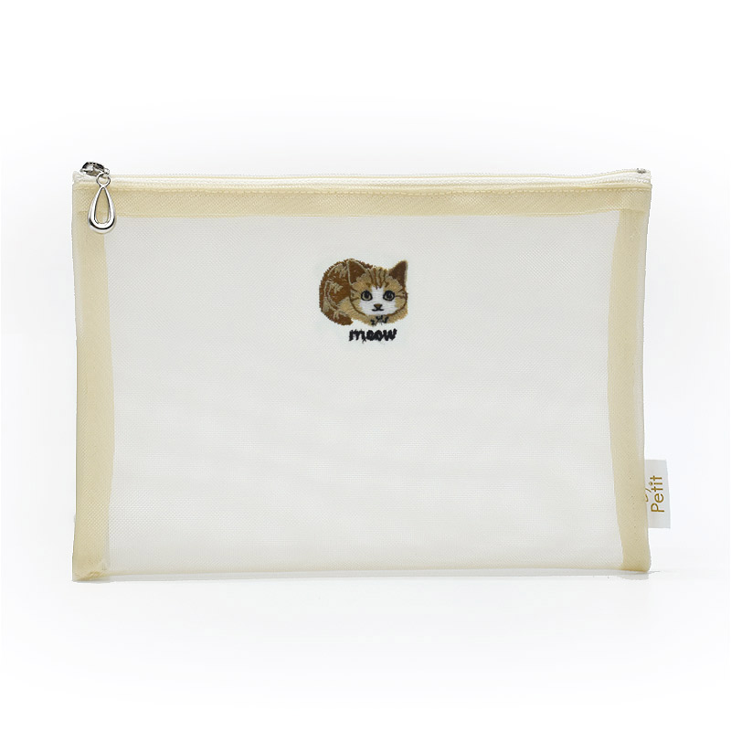 Enjeau（アーンジョー） 日本製 犬柄刺繍 メッシュ フラットポーチ