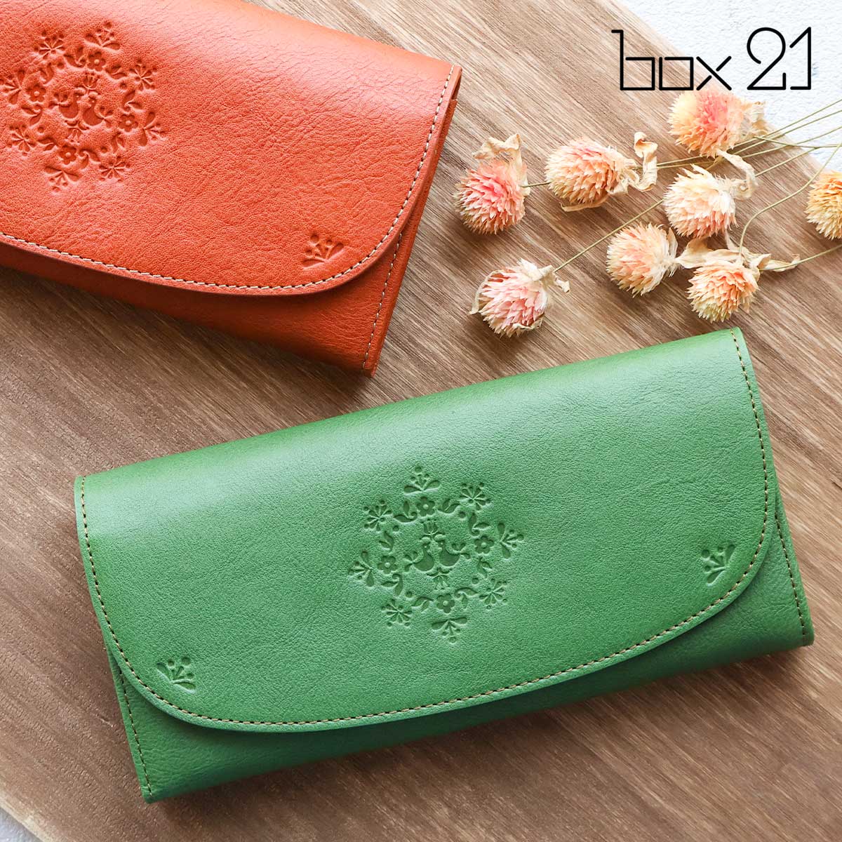 box21 大きめ ラウンドファスナー長財布 お花 小鳥 ボックス21