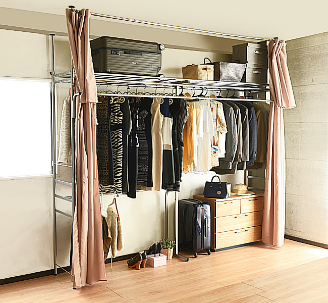 ハンガーラック 突っ張り 2段 頑丈 スリム カーテン付き カバー付き 棚