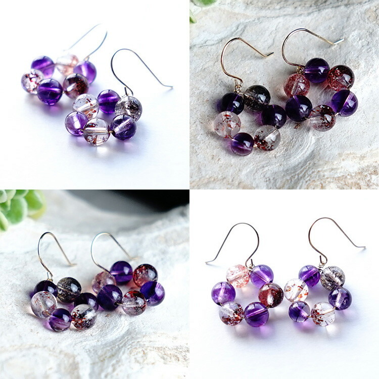 天然石 ピアス K18 18金 スーパーセブン フラワー フックピアス