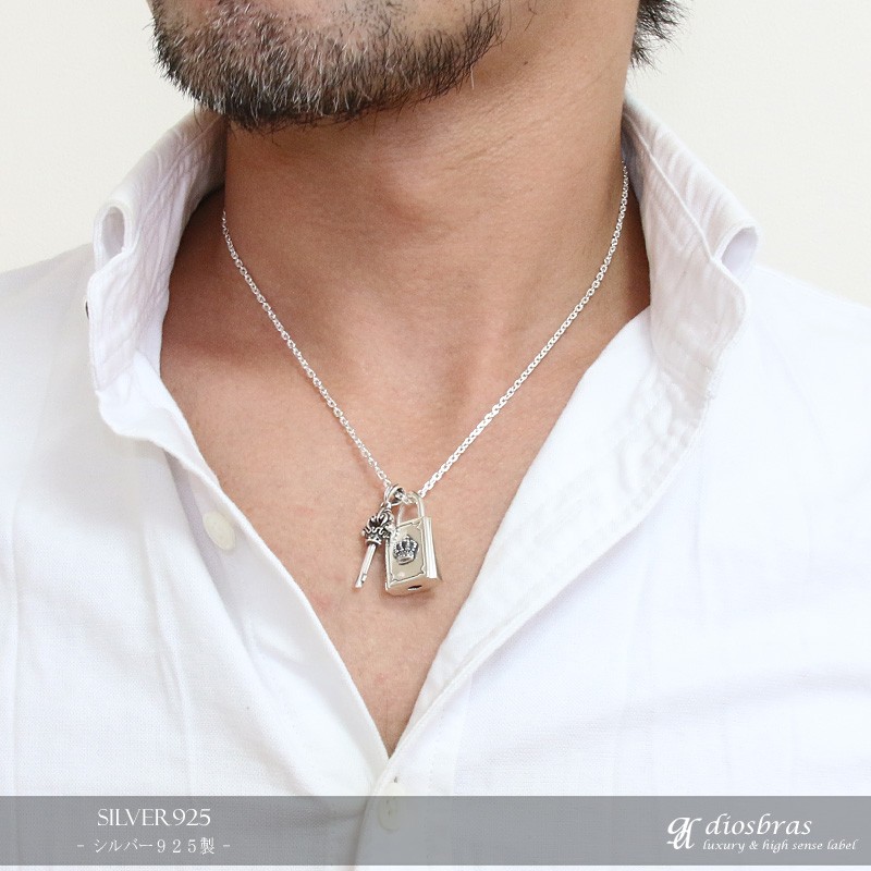 南京錠 鍵 王冠 ペンダント トップ ネックレス シルバー 925