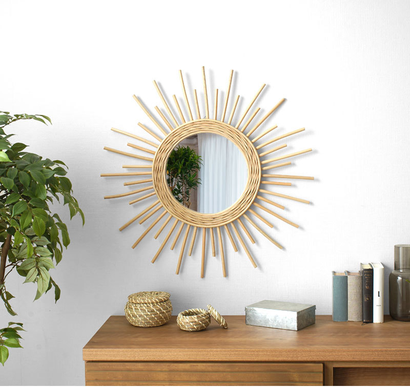 ミラー 鏡 壁掛け ラタン製 おしゃれ 太陽 北欧 軽量 軽い 壁 ウォール
