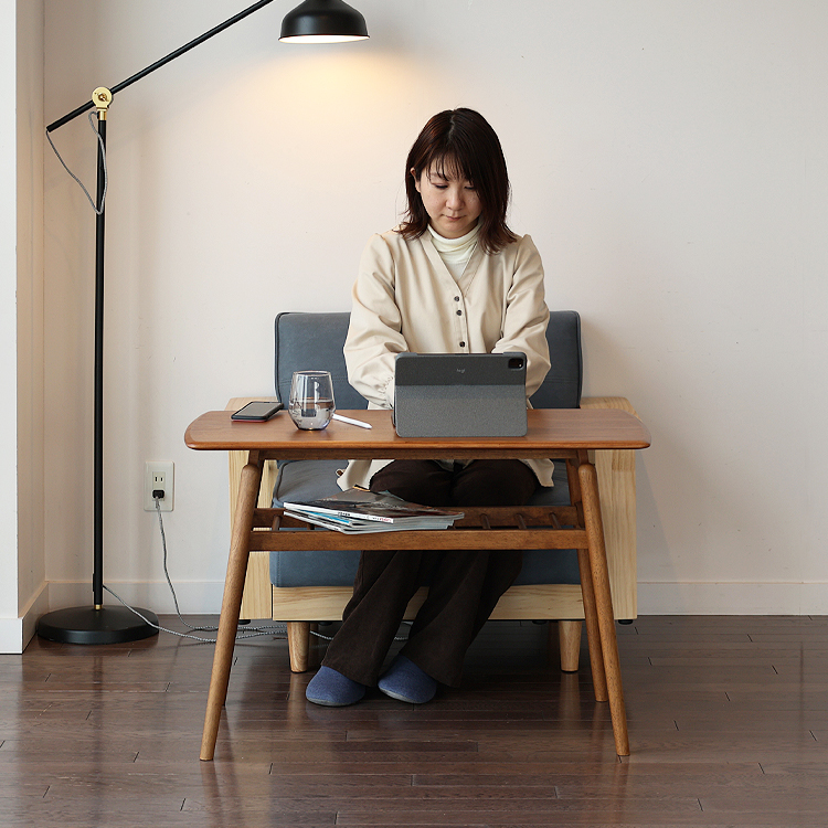 ソファテーブル 高さ60cm 収納付き 幅90 奥行45 木製 天然木