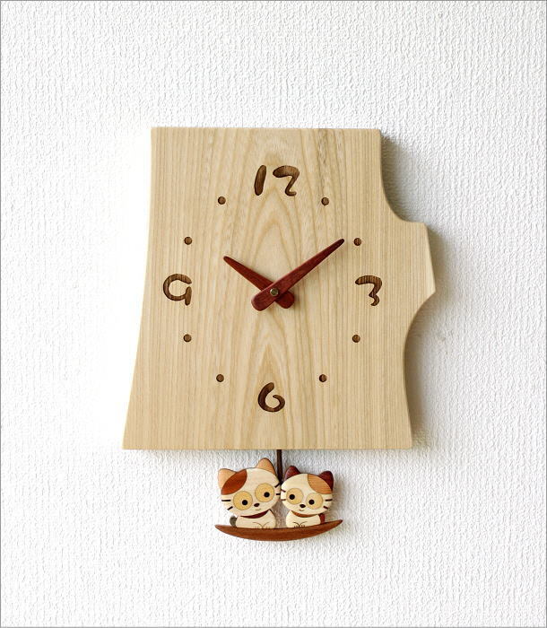 壁掛け時計 壁掛時計 掛け時計 掛時計 おしゃれ ねこ 振り子 天然木