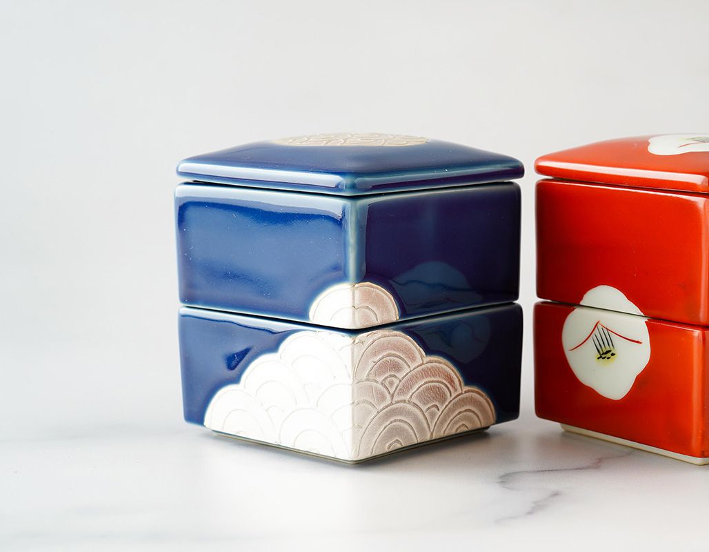 蔵珍窯（ぞうほうがま） ルリ釉銀彩 陶器 ミニ 重箱 2段 珍味鉢 6.7cm