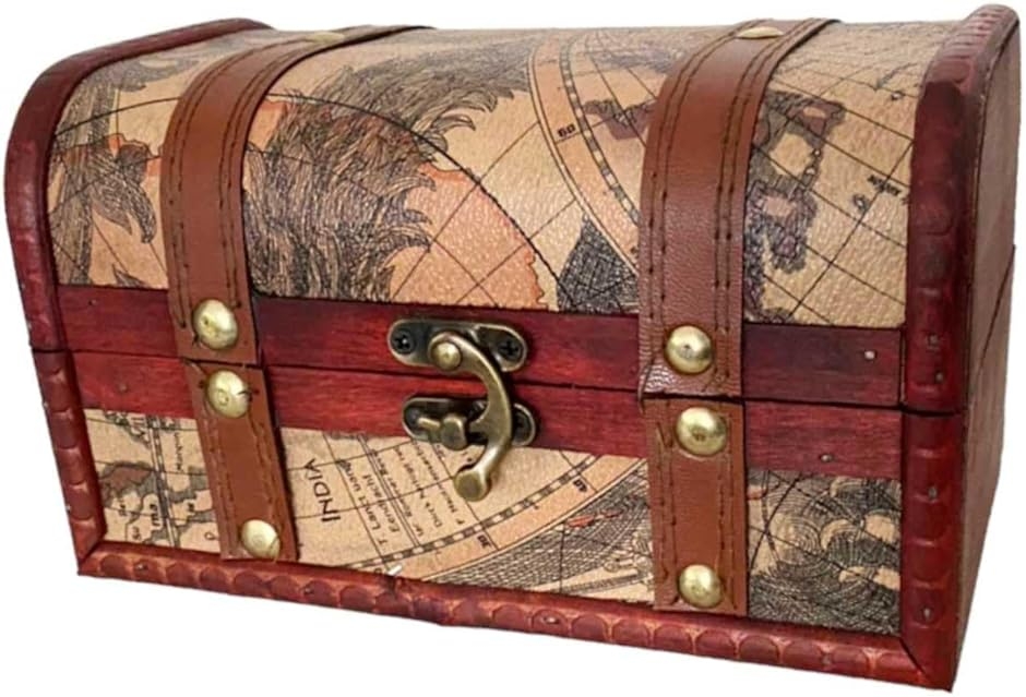 地図柄 宝箱 アンティーク風 木製 レトロ 収納ボックス 木箱 小物入れ