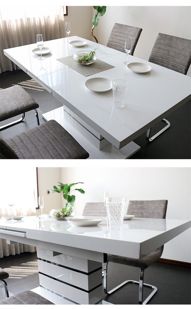 ダイニングテーブルセット 伸長式 6人掛け ホワイト 7点 白 伸縮