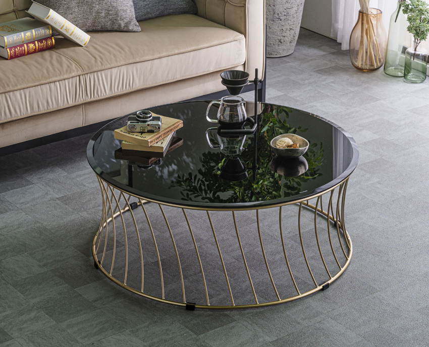 センターテーブル ガラス 円形 90 ブラック 黒 スチール ブラック脚