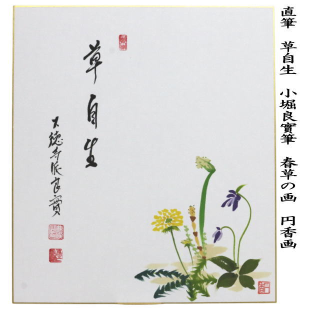 茶道具 色紙画賛 直筆 草自生 春草の画又は清香 水仙の画 小堀良實筆