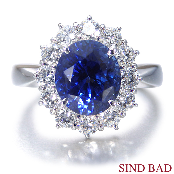 非加熱サファイア 指輪 プラチナ リング 3.454ct ダイヤ 0.723ct 中央