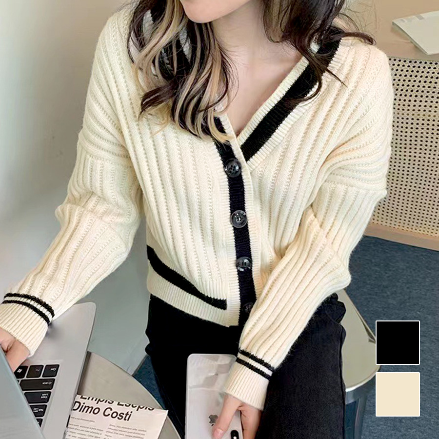 カーディガン ニット Vネック ショート丈 長袖 シンプル トップス 春