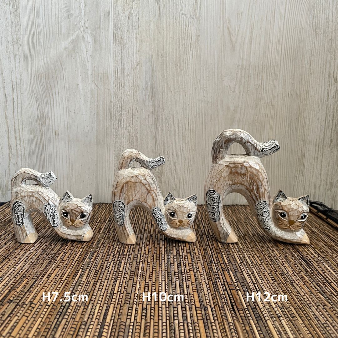 木彫り ネコ3体セット インテリア 置き物 木製オブジェ アジアン バリ