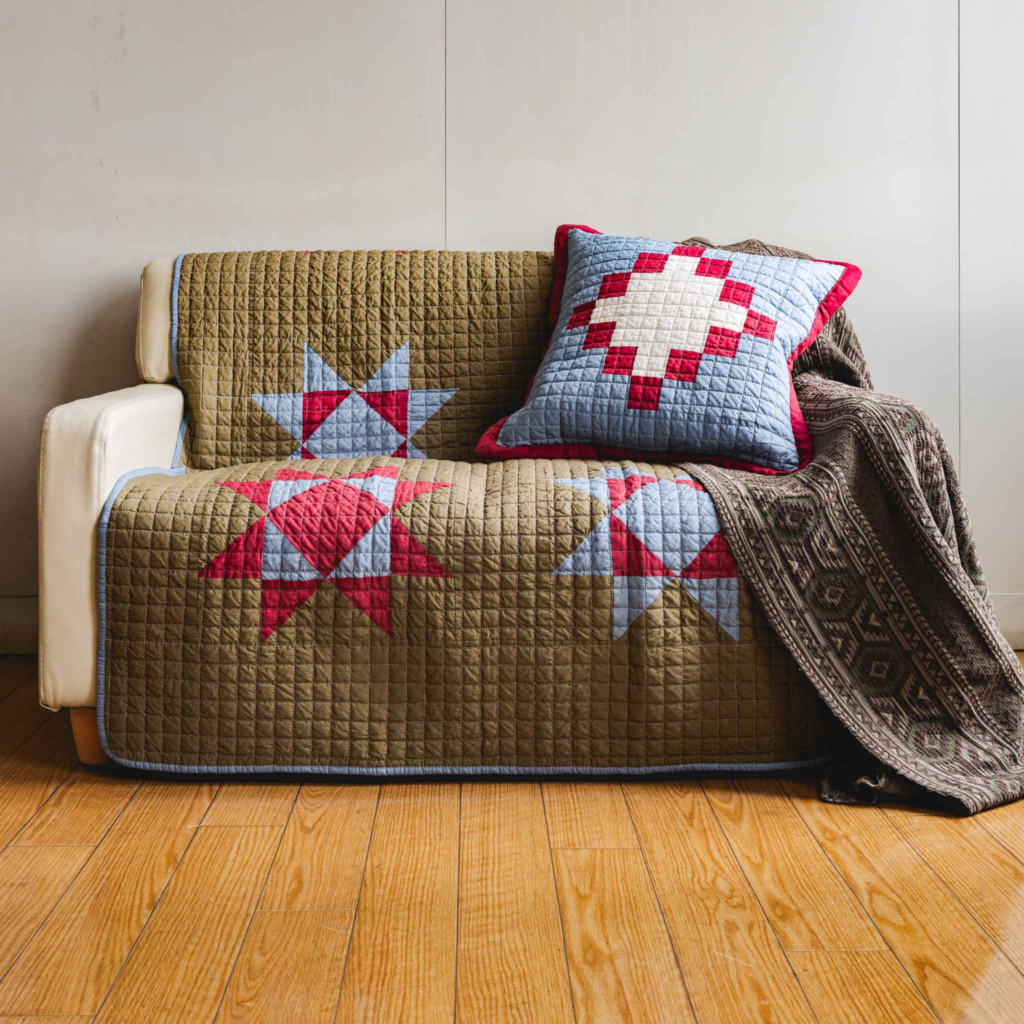 福音】ソファカバー ブルー ブラウン 綿素材 パットワーク