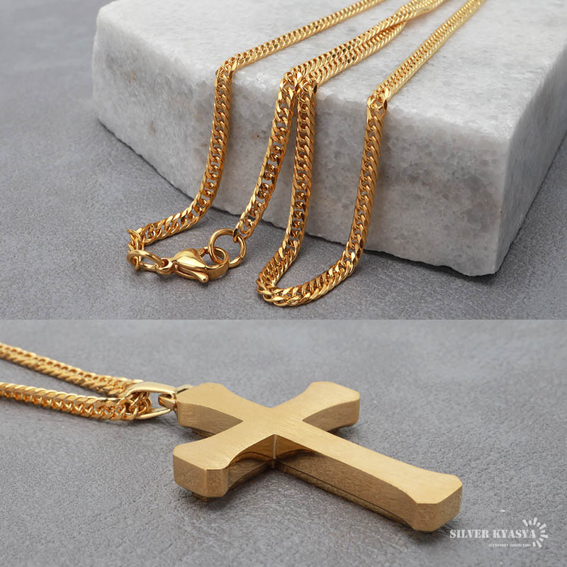 ステンレス クロスネックレス ゴールド 18KGP 50cm/60cm ダブル喜平