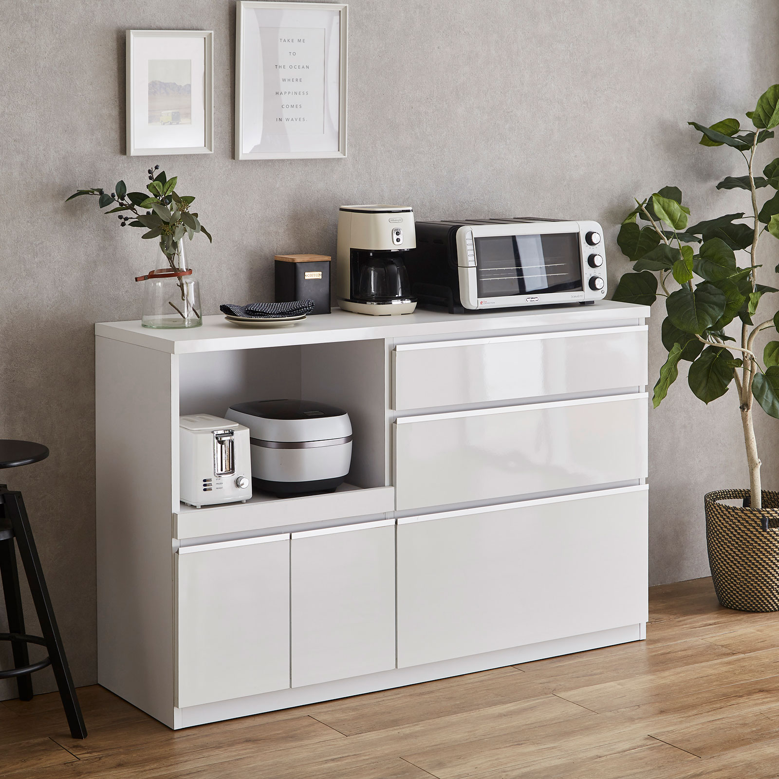 KAGUCOCO 食器棚 ロータイプ キッチンカウンター 140 レンジ台 収納