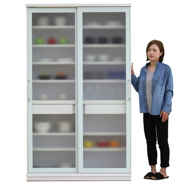 食器棚 スライド扉 キッチンボード 120 大川家具 完成品 ガラス扉
