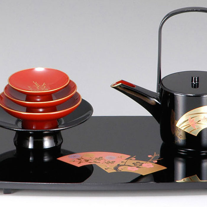 お屠蘇セット おしゃれ 日本製 国産 会津漆器 四ツ揃 屠蘇器 扇面F 黒