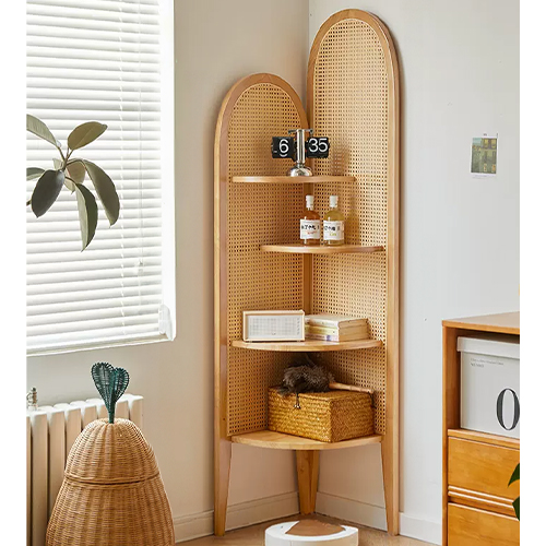 9%OFFクーポン☆コーナーラック 木製 ラタン調 スリム 天然木 オープン