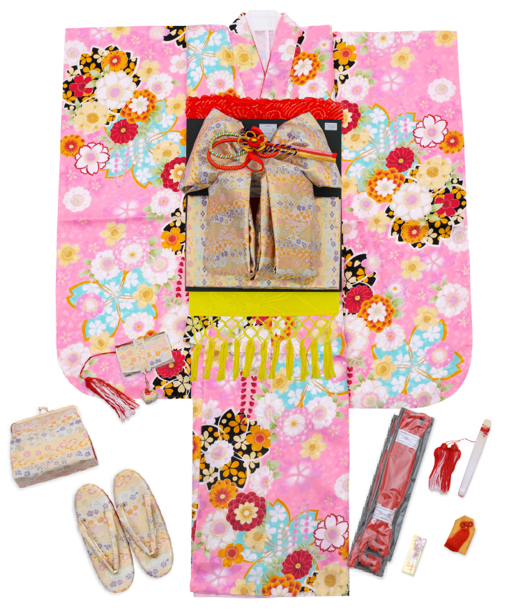七五三 着物 7歳 フルセット 購入 ピンク 結び帯 筥迫 花柄 桜 総柄