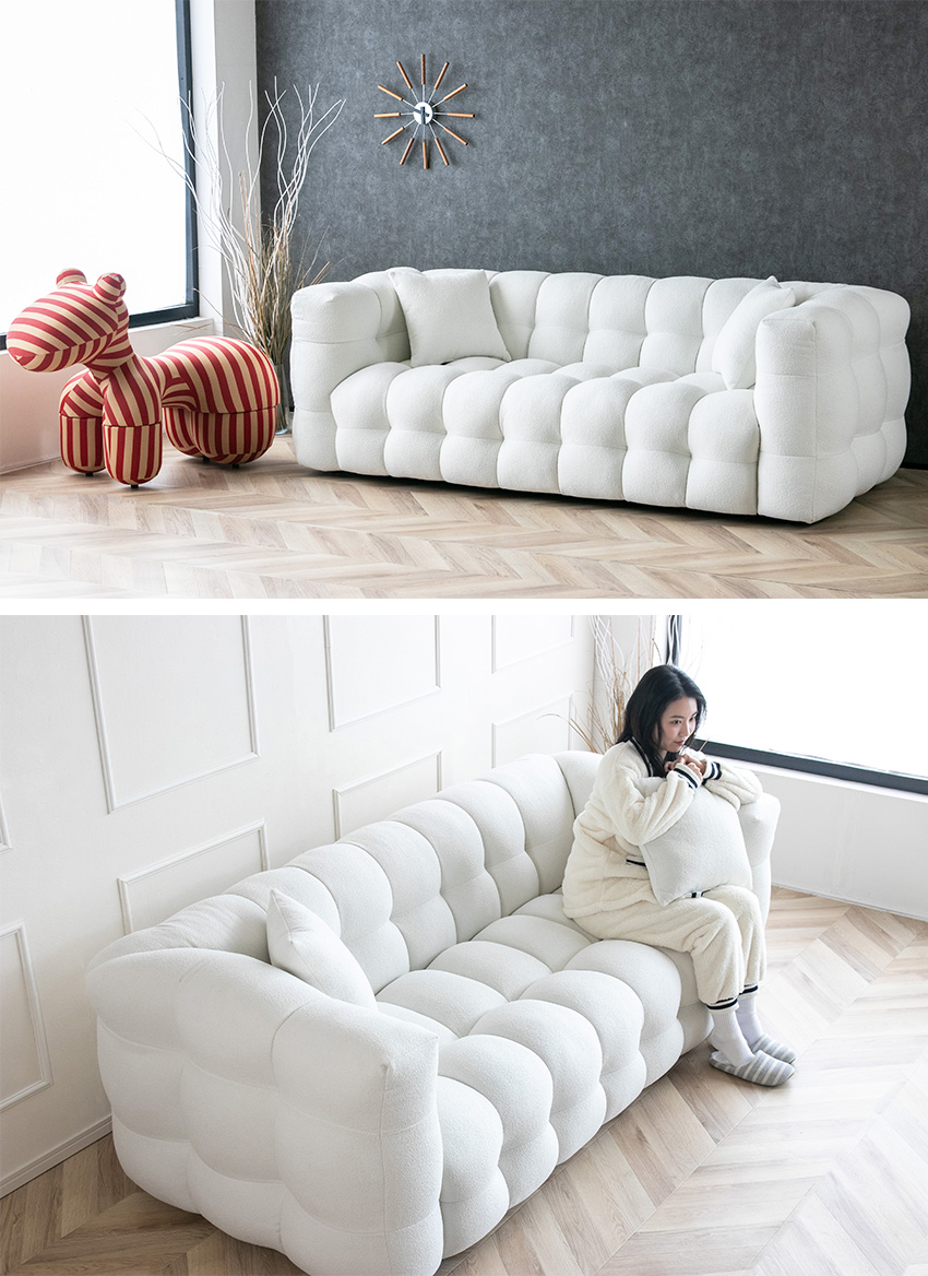 ソファー 175cm もこもこ 2人掛け ホワイト 白 ブークレ かわいい