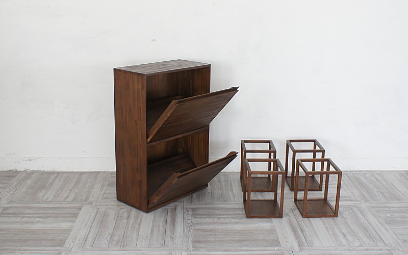 アウトレット ゴミ箱 2段 フタ付き おしゃれ 4つに分別 木製 チーク