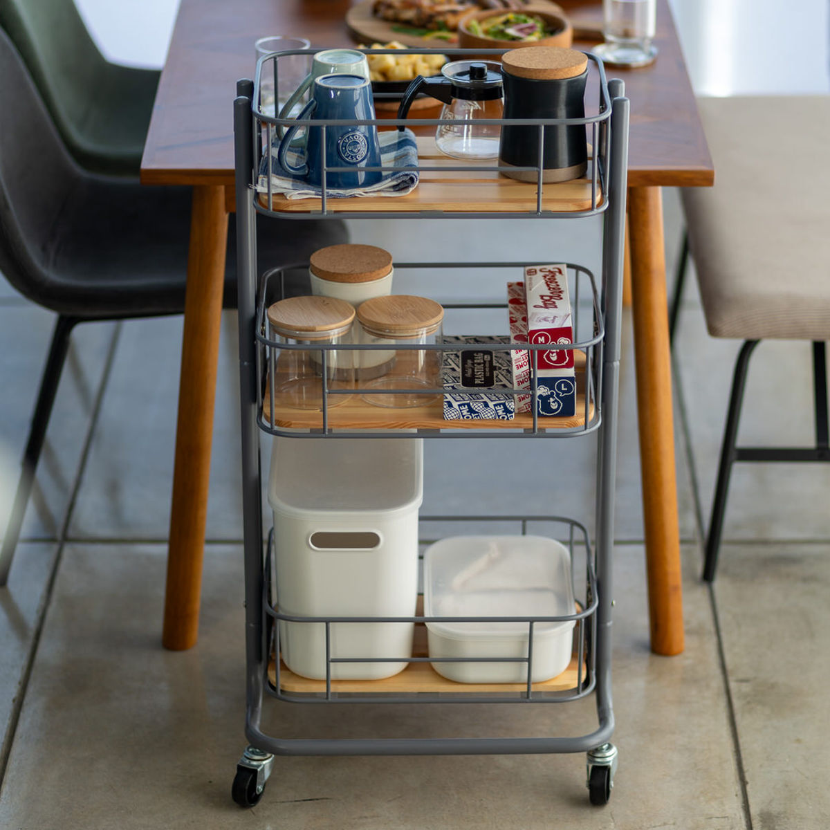 弘益 キッチンワゴン 3段 カゴ型 スチールフレーム 幅44.5cm