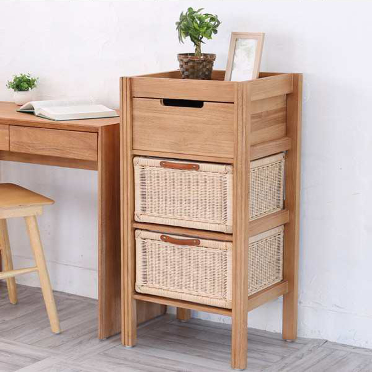 チェスト 3段 幅45cm 天然木 籐かご Breeze （ タンス ランドリー