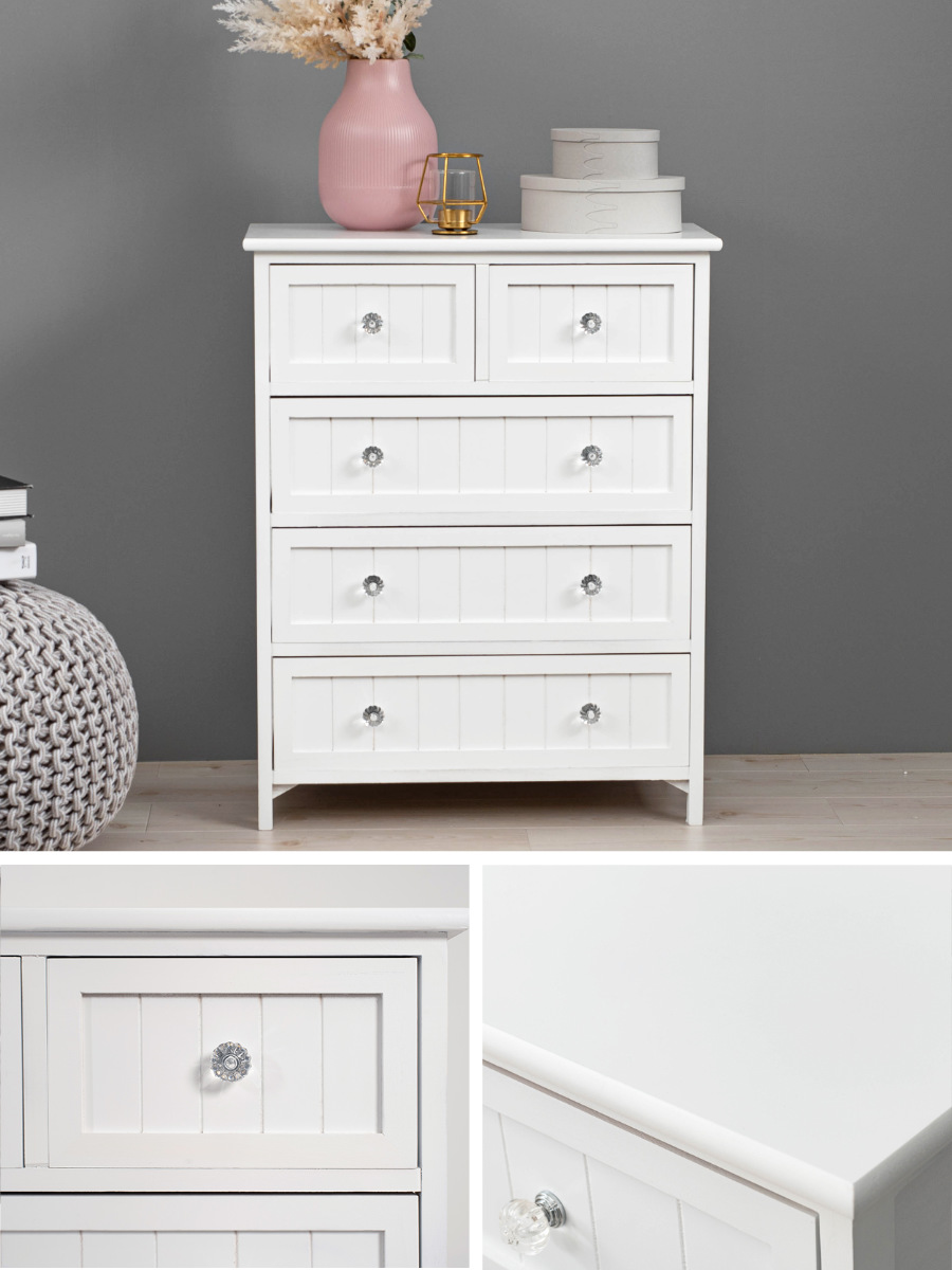 ウッドチェスト 4段5杯 シャビー調 クリスタル調取っ手 幅60cm （ 収納