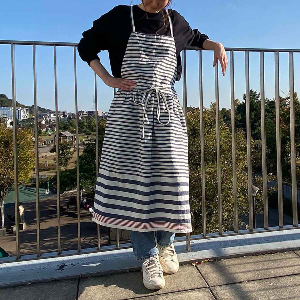 エプロン ポケット付き ボーダー 綿麻ギャザー フルッタ （ kukugoto