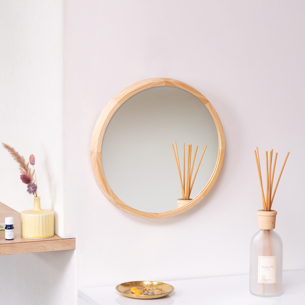 パラデック ミラー ウォールミラー 直径34.8cm 壁掛け 木製 無垢材