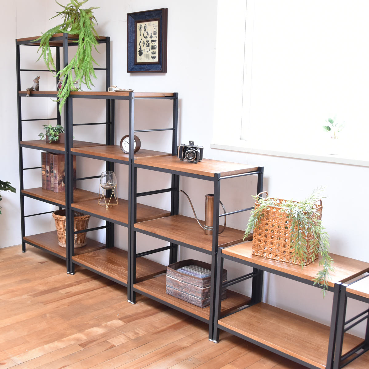 B.Bファニシング オープンラック 3段 ヴィンテージ調 天然木棚板 幅