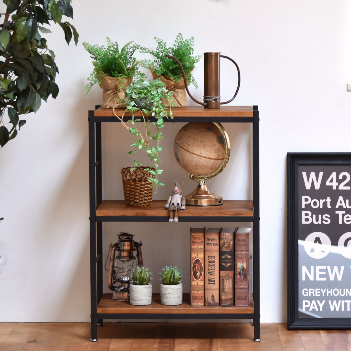 B.Bファニシング オープンラック 3段 ヴィンテージ調 天然木棚板 幅