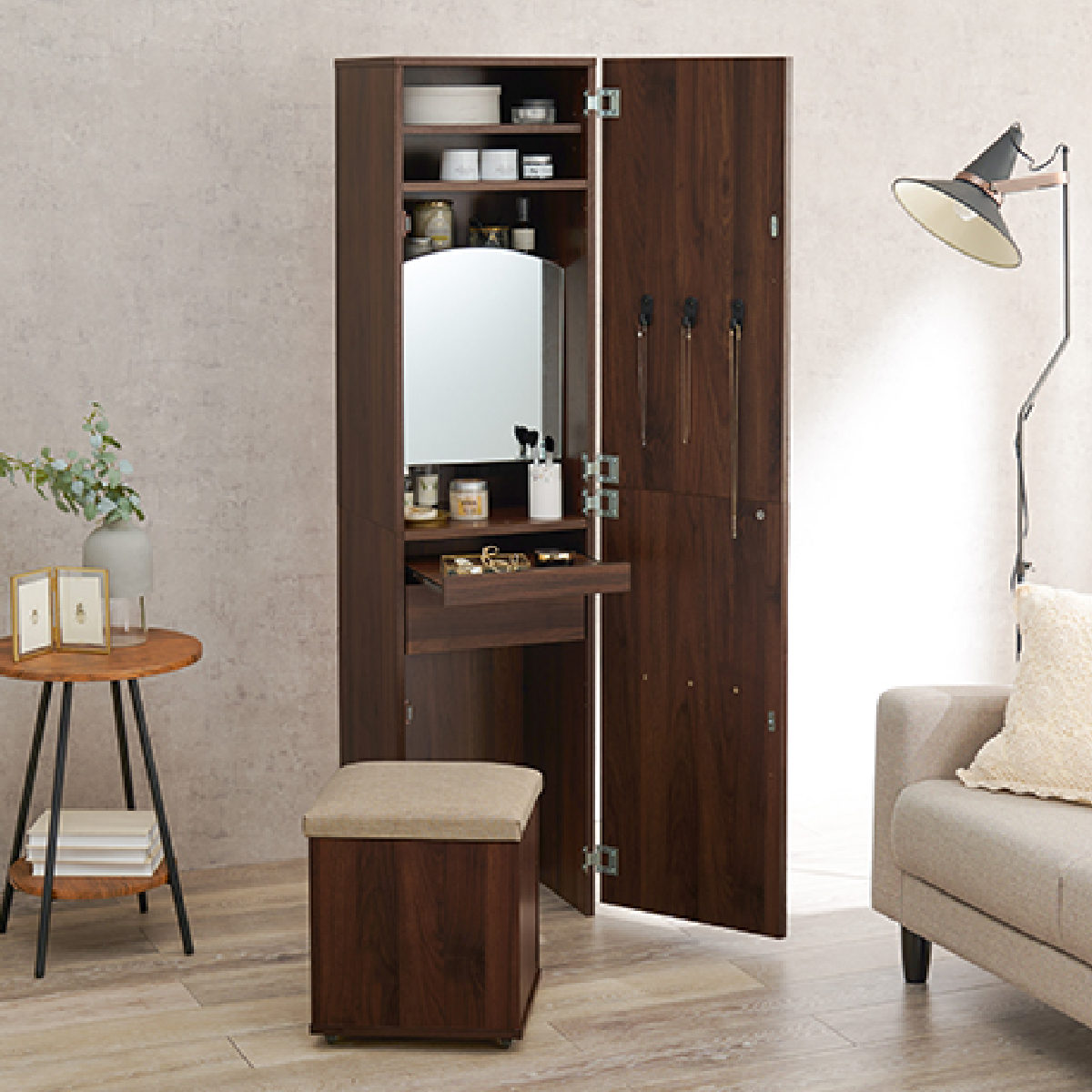 HAGiHARA（萩原） ドレッサー コンパクト 姿見ミラー スツール付き 大