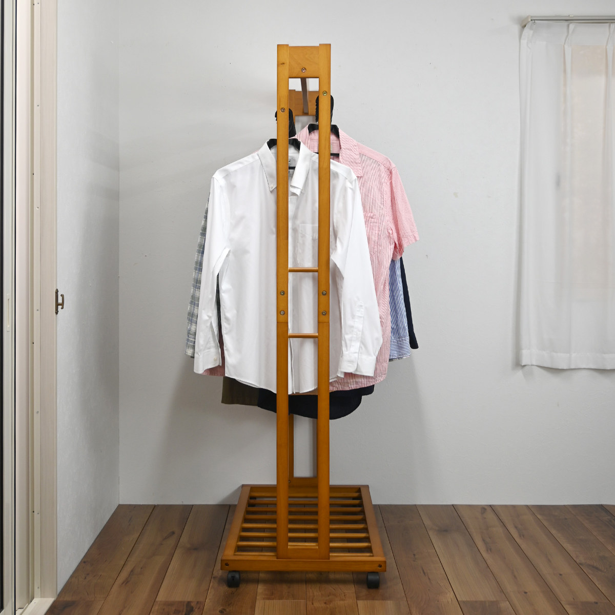 フクダクラフト ハンガーラック ダブル 幅81cm 2段 キャスター付 木製