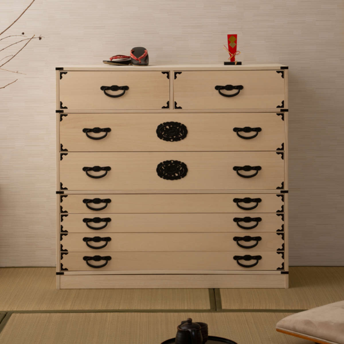 桐 民芸箪笥 幅100cm 7段 生地仕上げ 積み重ね 室町 （ たんす 収納