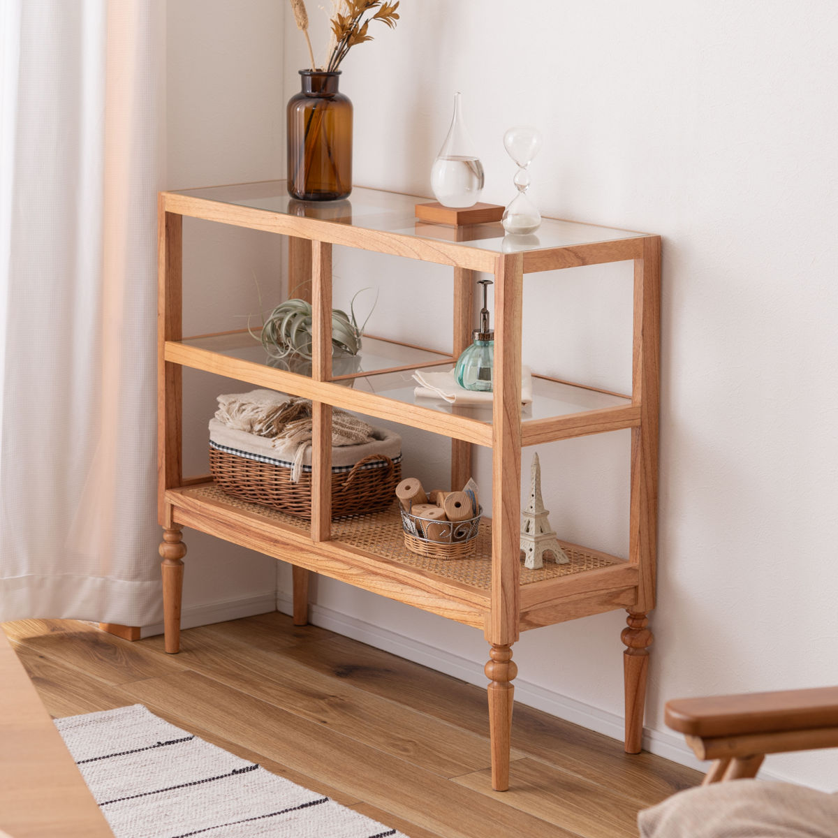 東谷 オープンシェルフ 幅80cm 2段 天然木 ろくろ脚 ラタン 完成品