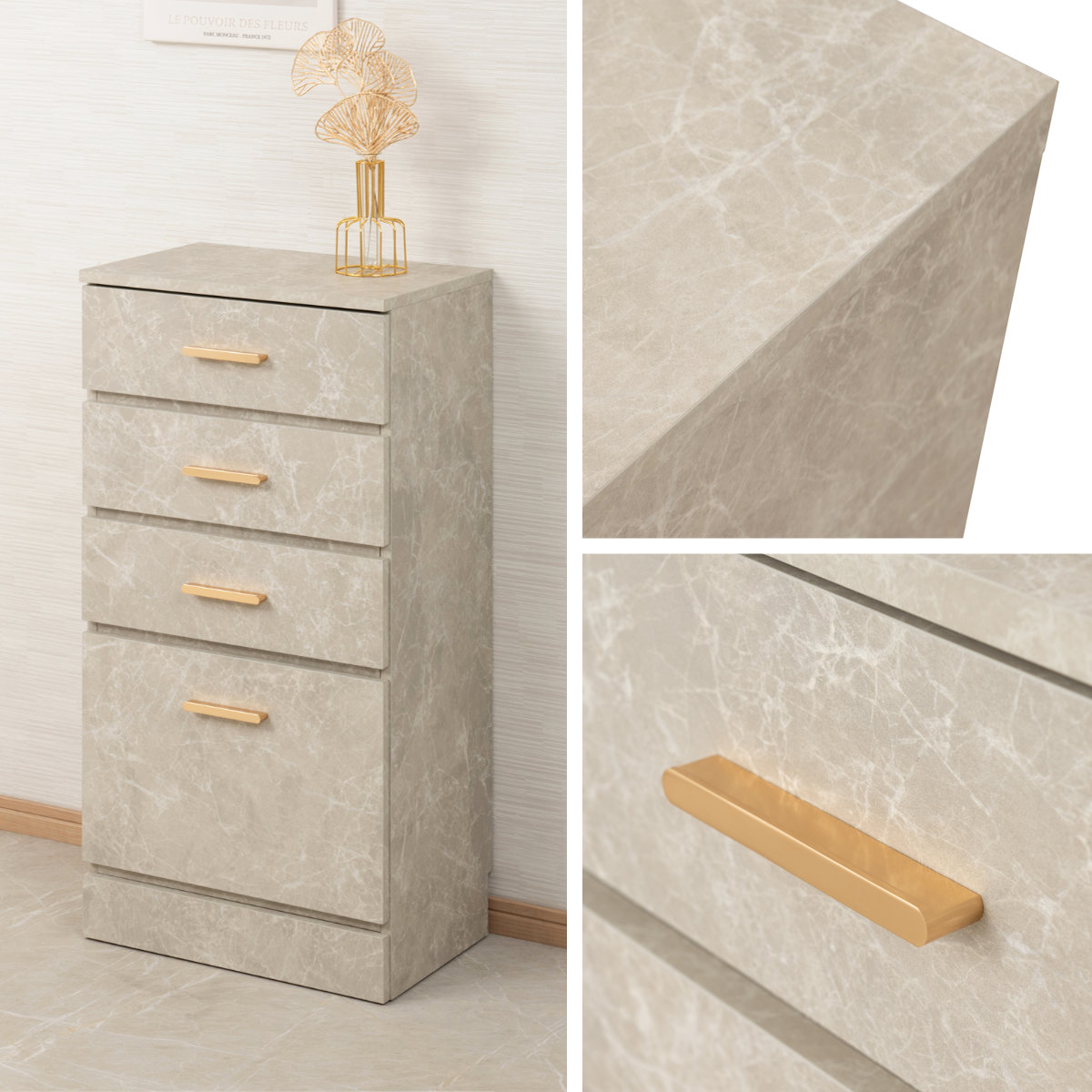 カウンター下収納 スリムチェスト 幅45cm 4段 大理石調 （ チェスト