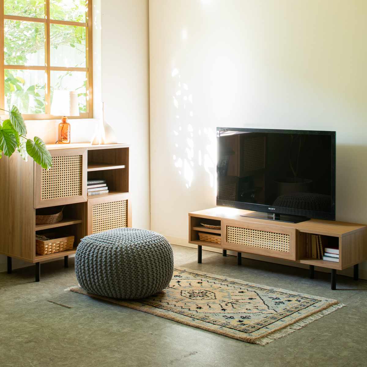 キャビネット 幅90cm ラタン調 マルシェシリーズ （ 棚 ラック 扉