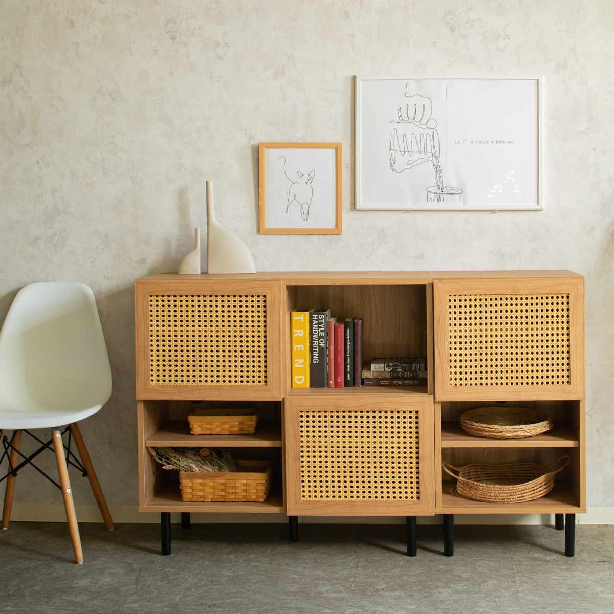 キャビネット 幅90cm ラタン調 マルシェシリーズ （ 棚 ラック 扉