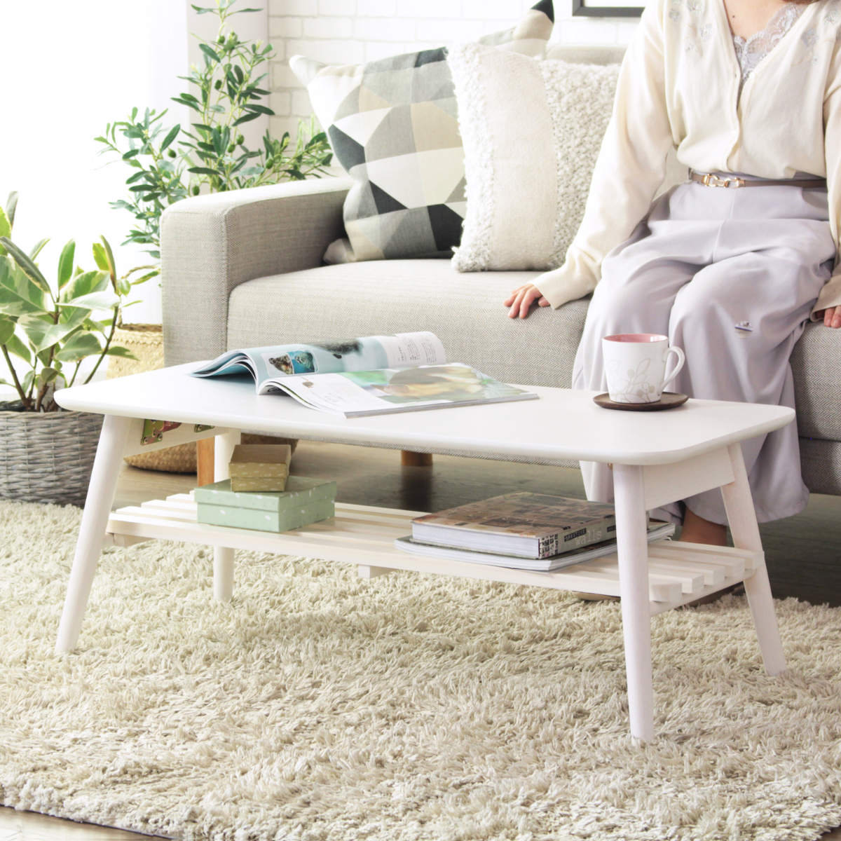 岩附 センターテーブル 幅90cm 折りたたみ ラック付き 木製