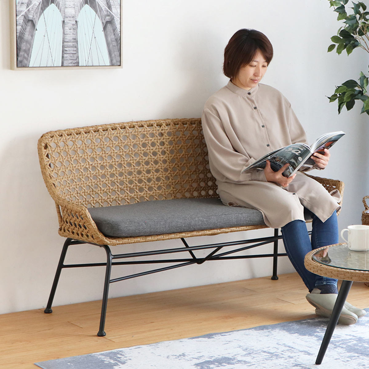 東馬（Tohma） リゾネア ベンチソファ 2人掛け 座面高44cm ラタン調