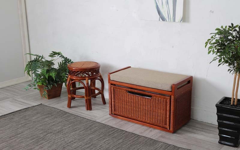 ラタンベンチ 収納 椅子 籐 おしゃれ バスケット クッション フタ