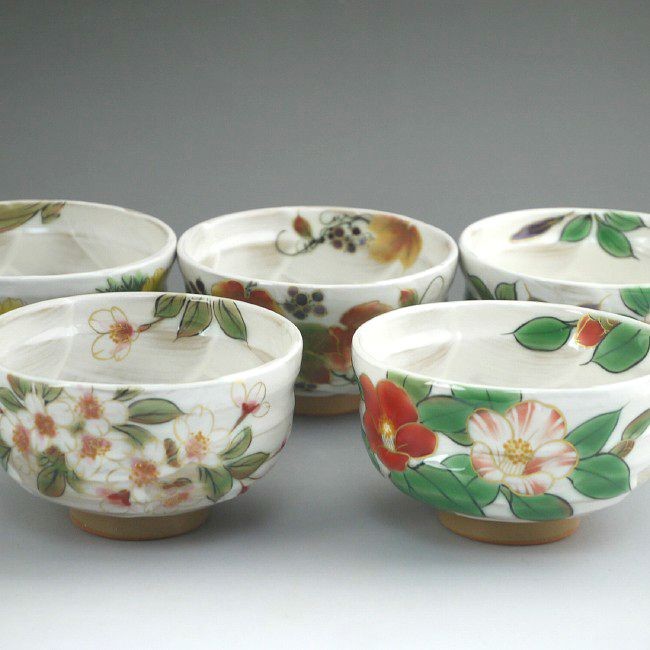 京焼 清水焼 白掛彩草花お茶呑茶碗揃え 陶あん : 松韻堂 Yahoo!店