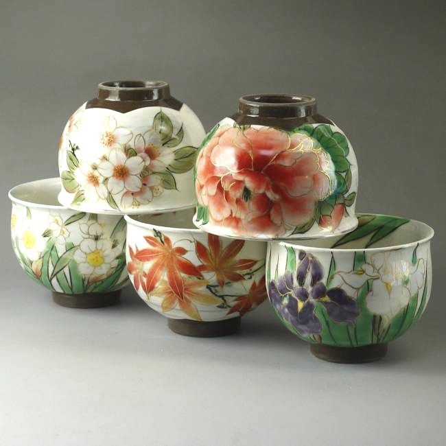 京焼 清水焼 四季彩五草花お茶呑茶碗揃え 陶あん : 松韻堂 Yahoo!店
